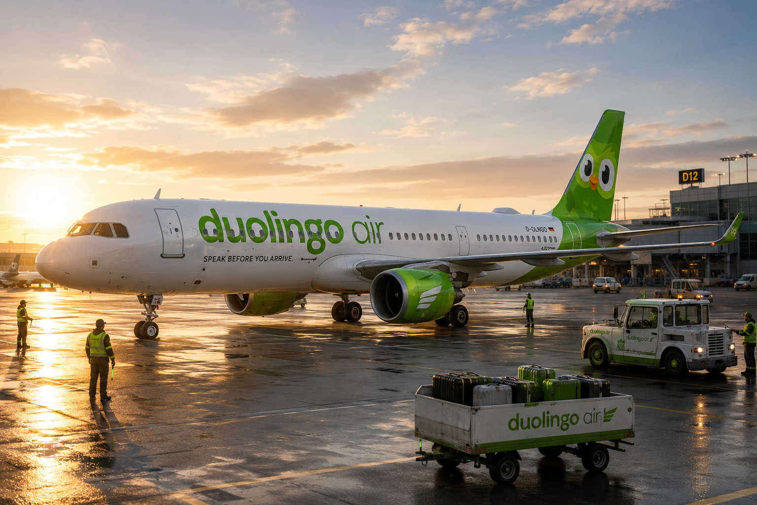 Avión Duolingo Air en el aeropuerto al atardecer