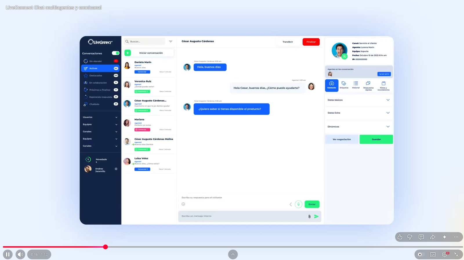 Captura real de LiveConnect: bandeja de conversaciones y seguimiento de clientes