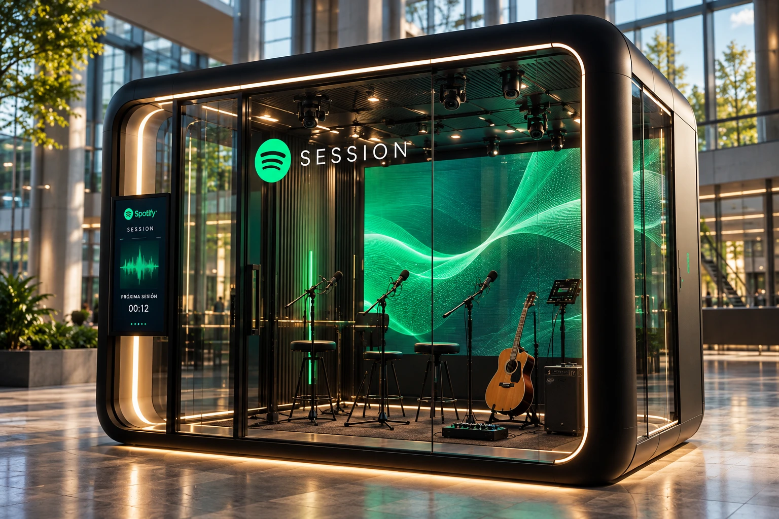 Cabina Spotify SESSION en un atrio, concepto independiente